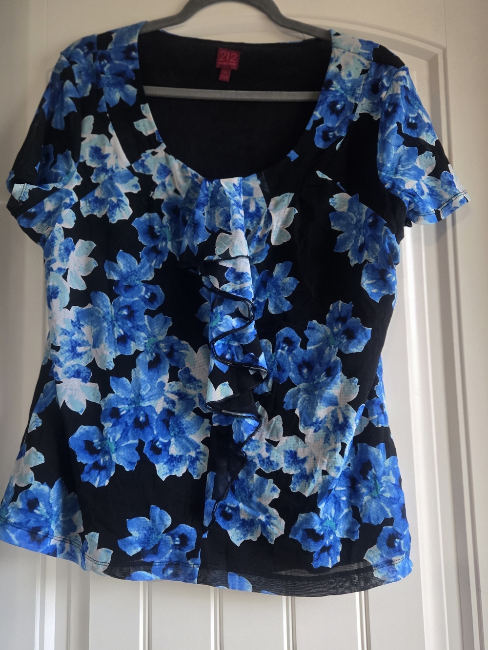 212 New York Black Scoop Neck Top with Blue Floral Ruffle